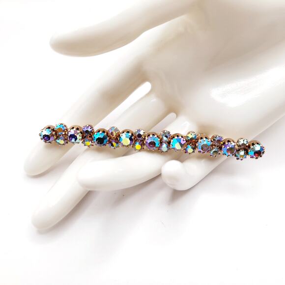 Vintage Aurora Borealis Rhinestone Bar Pin, Gold Plated Backing, Prong Set - Picture 7 of 10
